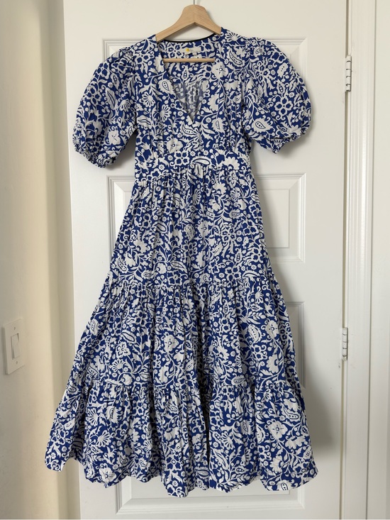 Boden Dresses & Skirts - Boden Puff Sleeve Tiered Midi Dress 6 Blue Floral Cotton V Neck